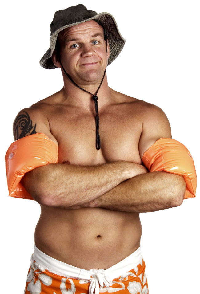 man in swim trunks, floaties and hat with tattoo on shoulder