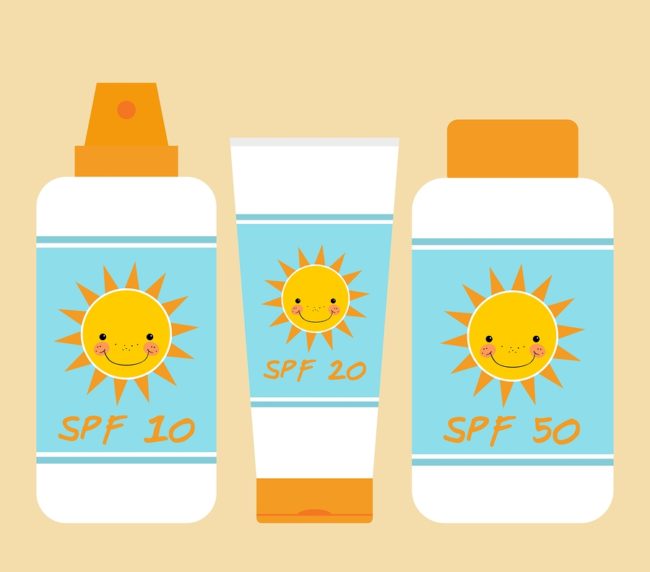cute bottles of sunscreen with different SPF and smiling sun motif.