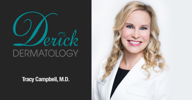 tracy campbell, md beside Derick Dermatology logo