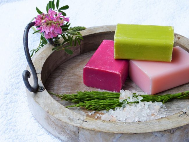 Soap for Sensitive Skin pretty dish with 3 bars of soaps